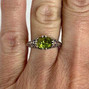 Sterling Silver 925 Oval Double Prong Set Peridot Filigree Band Ring Sz 6.5